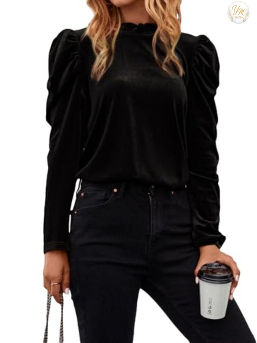 Puff Long Sleeve Mock Neck Velvet Blouse Top